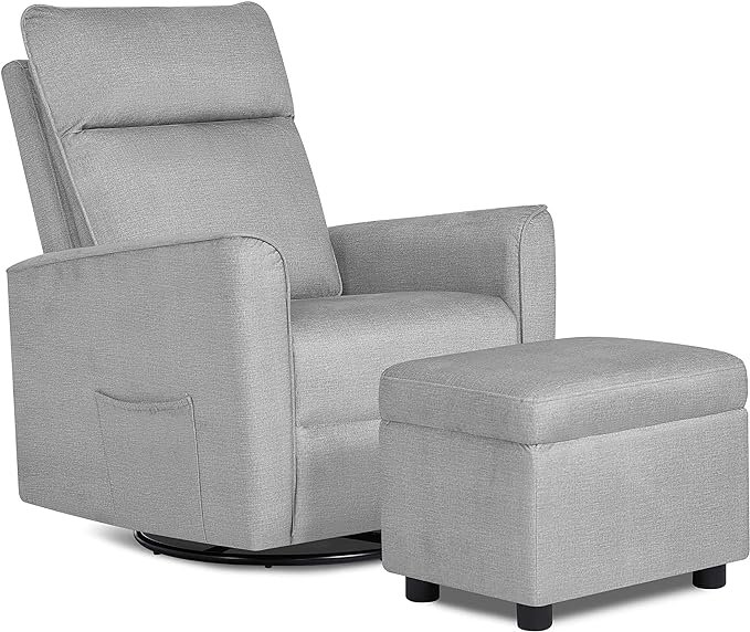 Evolur Aria Upholstered Plush Seating Swivel with Ottoman Greenguard Gold Certified Glider Chair for Modern Nursery, with Side Pockets, Tool-Free Assembly, Easy to Clean, Earl Grey