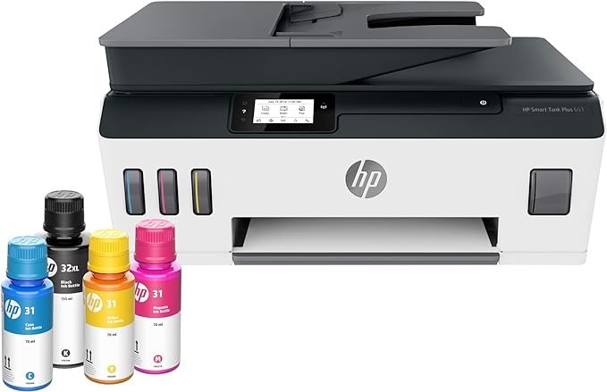 HP Smart -Tank Plus 651 Wireless All-in-One Ink -Tank Printer, up to 2 Years of Ink in Bottles, Auto Document Feeder, Mobile Print, Scan, Copy, Works with Alexa (7XV38A)