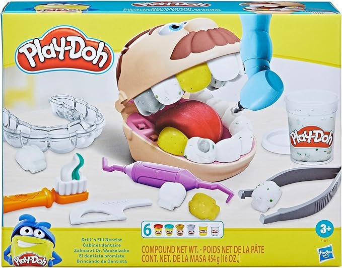 Play-Doh Drill ‘n Fill Dentist Toy for Kids 3 Years and Up with Cavity and Metallic Colored Modeling Compound, 10 Tools, 8 Total Cans, 2 Ounces Each, Non-Toxic, Assorted Colors
