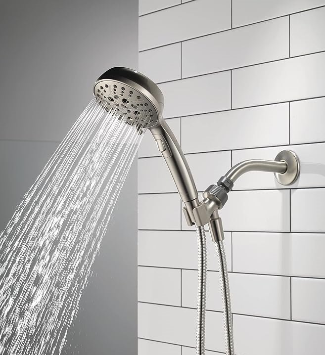Delta Faucet 6-Setting Handheld H2Okinetic Shower Head, Brushed Nickel Shower Head with Hose, Handheld Shower Heads, Detachable Shower Head, Hand Shower 1.75 GPM, Stainless 75536SN