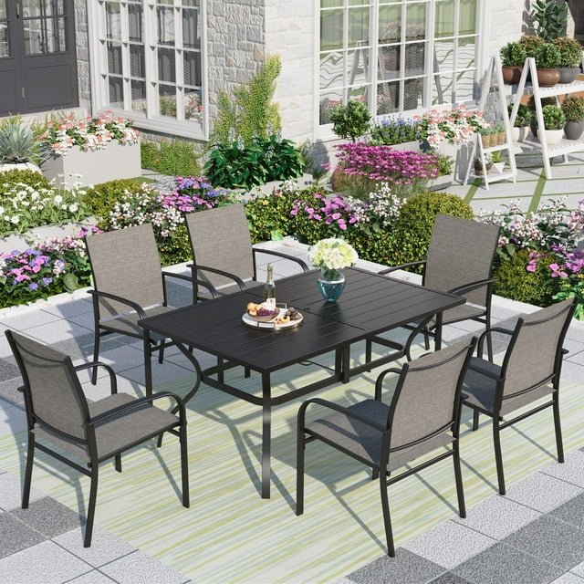 Upgrade Your Outdoor Dining Experience: MF Studio 7-Piece Patio Dining Set with Rectangle Steel Table & Textilene Chairs – Perfect for 6 People. Available in Black & Brown.