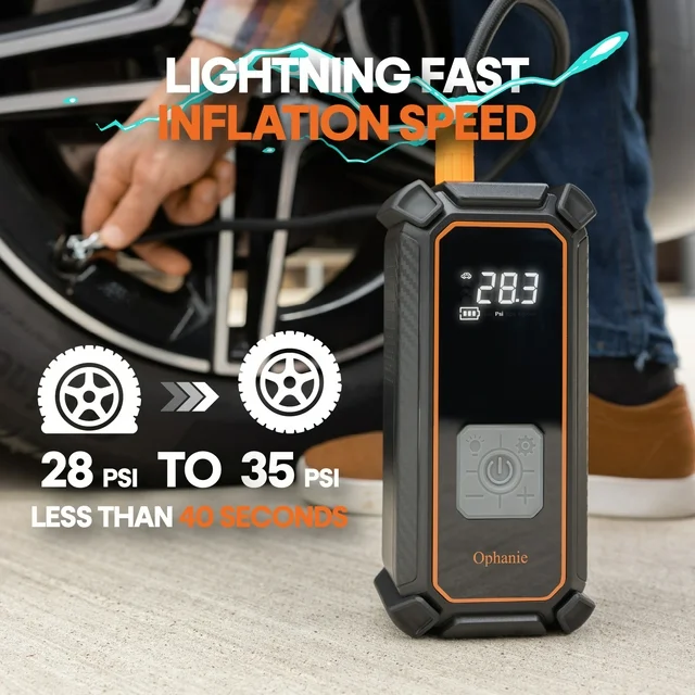 Drive with Confidence: Ophanie Cordless Portable Tire Inflator – 160 PSI Digital Pressure Gauge, Air Compressor for Car Tires with Automatic Shutoff, Emergency LED Light, Compact Automotive Pump in Sleek Black Design.