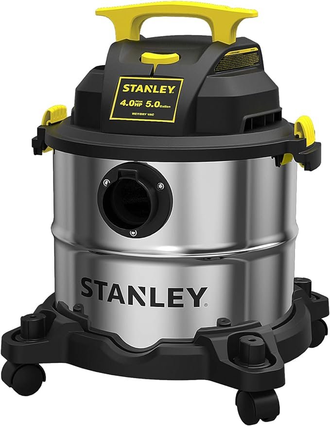 STANLEY SL18115 Wet/Dry Vacuum, 4 Horsepower, Stainless Steel Tank, 5 Gallon, 4.0 HP, 50″ Sealed Pressure, Silver+Yellow