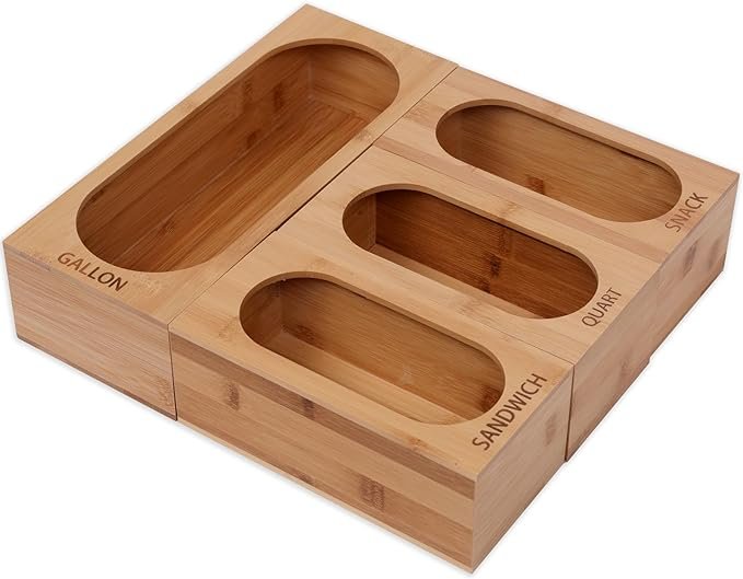 CXBETAO8 Storage Bag Organizer Bamboo Food Plastic Baggie Holder Bamboo Box for Plastic Bag Storage,Compatible with Gallon,Quart,Sandwich and Snack Variety Size Bag-1 Box 4 Slots