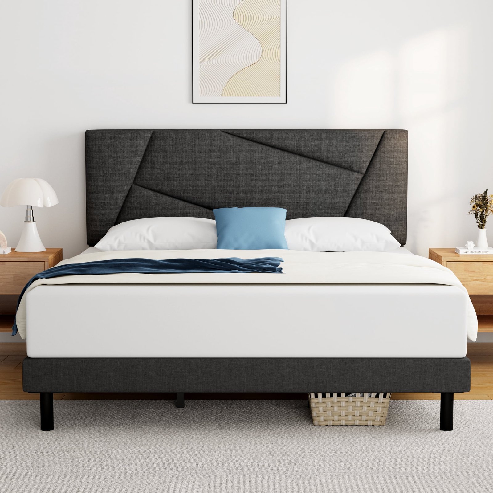 Upgrade Your Sleep Space: Introducing the HAIIDE Queen Size Platform Bed Frame with Fabric Upholstered Headboard in Dark Grey. Transform Your Bedroom with Style and Comfort!