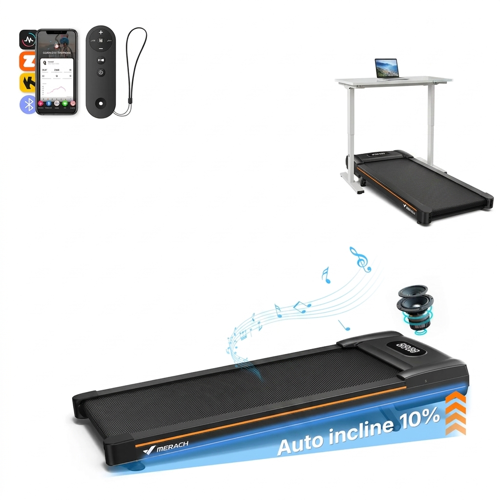 MERACH – W50 Lite Walking Pad With 10% Auto Incline, 350lb Under-Desk Treadmill, 3HP, 16.5″x41.3″ Belt, Bluetooth Speaker – Black